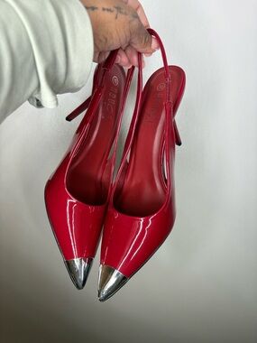 Red Patent Slingback Pumps with Silver Cap Toe